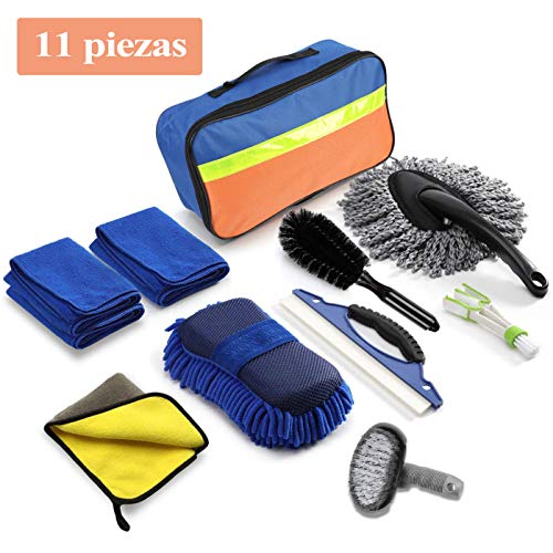 Kit Limpieza Coche 11 Piezas, Set Limpieza Coche, Kit de Herramientas de Lavado de Autos (Paños de limpieza, Cepillo para Llantas, Cepillo de Limpieza de automóviles, Bolsa de almacenamiento)