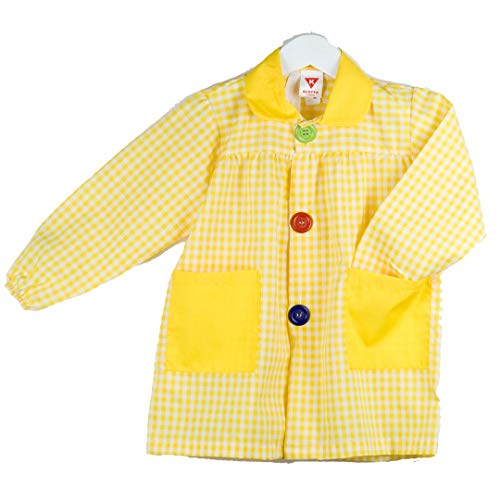 KLOTTZ 901B - Babi cuadros guardería Bata escolar con botones y amplio colorido. Protección ropa en comedores y manulidades en casa. Niñas color: AMARILLO talla: 4