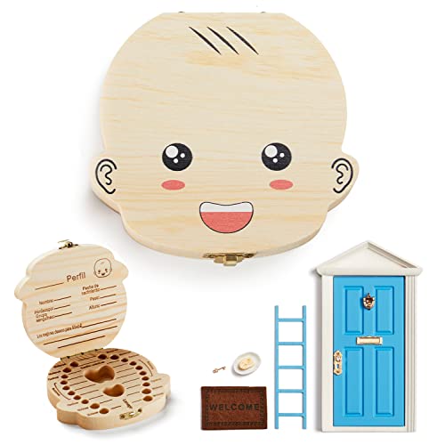 LA PUERTA MÁGICA Caja dientes de leche y puerta ratoncito Pérez CERTIFICADA - La puerta mágica del ratón Pérez con 10 accesorios + postal de felicitación - Regalo niño 5 años (Azul Niño)