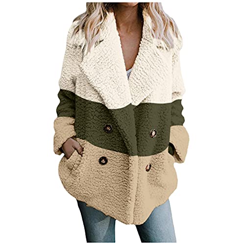 Lenfeshing Chaqueta de Felpa de Cordero con Solapa Informal para Mujer Abrigo Cálida de Invierno con Costuras de Bloque de Color de Moda
