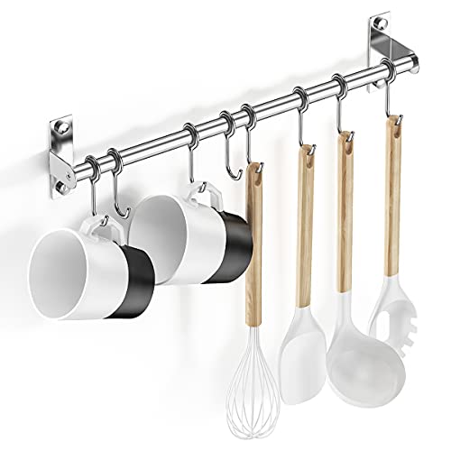 Lesfit Barra Cocina Utensilios, 40 cm Inoxidable Montaje en Pared Colgador Organizador con 8 Ganchos de Ollas y Sartenes, Adhesiva sin Taladro