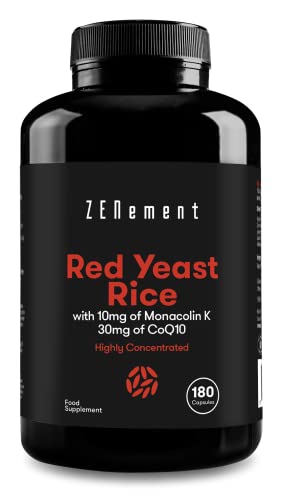 Levadura Roja de Arroz concentrada con 10mg de Monacolina K y 30mg de Coenzima Q10, 180 Cápsulas | Controla los niveles de colesterol sanguíneo | 100% Vegano, libre de citritina y aditivos, sin gluten