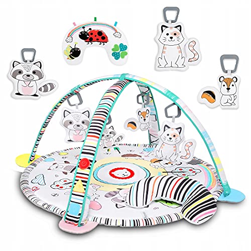 LIONELO Paula Plus Alfombra de juego para gatear, 2 arcos, 4 juguetes de doble cara, cojín para el vientre Tummy Time suelo con estampado único Los colores contrastantes