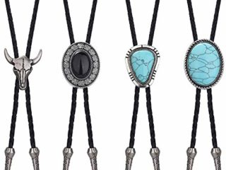 LOLIAS 4 Piezas Corbata Cuero Bolo Corbata Turquesa para Hombres Western Cowboy Corbata Bolo Tie Cuero Negro Natural Accesorios Disfraces Halloween para Hombres Mujeres