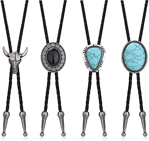 LOLIAS 4 Piezas Corbata Cuero Bolo Corbata Turquesa para Hombres Western Cowboy Corbata Bolo Tie Cuero Negro Natural Accesorios Disfraces Halloween para Hombres Mujeres