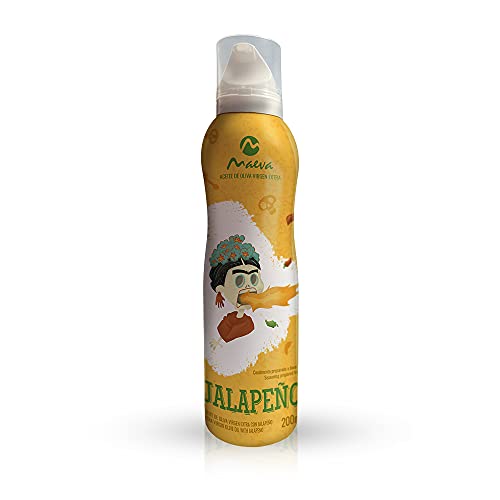 Maeva. Spray de Aceite de Oliva Virgen Extra sabor Jalapeño 200ml. ¡Ideal para aderezar tacos, carnes y ensaladas!. Sistema "Bag on Valve" para controlar la cantidad.