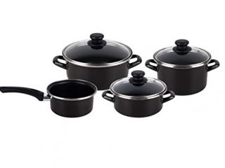 Magefesa Kenia. Batería de Cocina 7 piezas. Material acero vitrificado exterior negro. Antiadherente bicapa Reforzado. Apta para todo tipo de cocinas, especial inducción. 50% de ahorro energético.