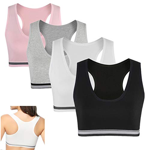 MANJIAMEI Sujetador Deportivo para niñas, Camiseta sin Mangas de algodón para niños, Adolescentes, Sujetadores básicos, Paquete de 4, 12-14 años