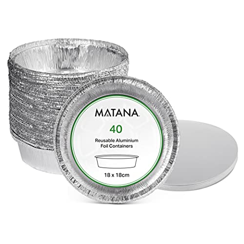 MATANA 40 Bandejas Redondas Desechables de Aluminio con Tapa - 800ml
