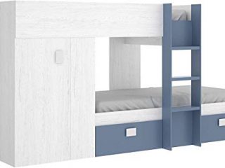 Mobelcenter - Cama Litera Tren Groe Infantil y Juvenil - Cama Tren con Armario y 2 Cajones- Medidas: Ancho: 271 cm x Fondo: 111 cm x Alto: 150 cm (Blanco Artic y Aguamarina) - (1079)