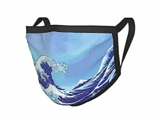 Máscara de tela Ocean Blue Decor Las grandes olas de Kanagawa Big Tsunami Nautical Pattern Navy Royal Blue Black Edge Mask