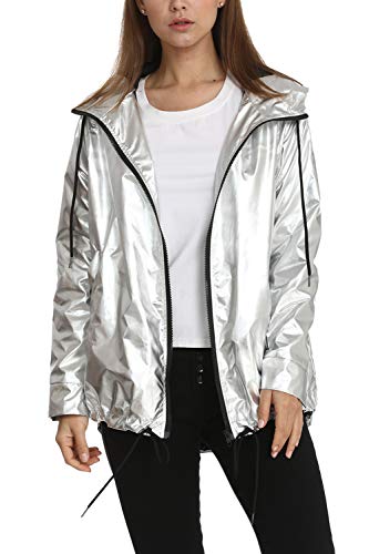 Mujeres Sudaderas con Capucha Chaqueta Abrigo Manga Larga Ligero Metálico con Capucha Chaquetas Outwear Plata XL