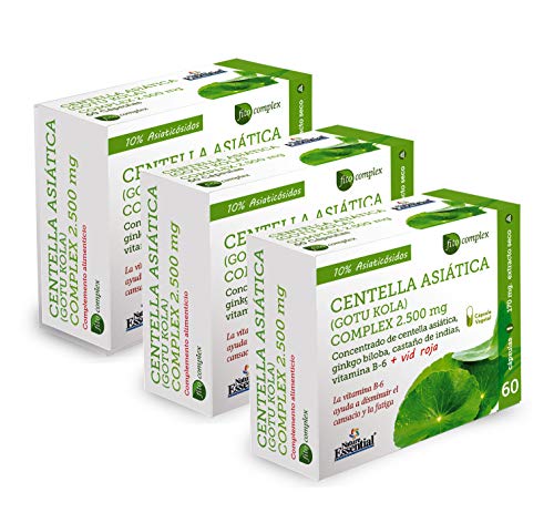 Nature Essential | Centella asiática (complex) 2500 mg 60 Cápsulas vegetales con castaño de indias, vid roja, ginkgo Biloba y Vitamina B-6. (Pack 3 unidades)