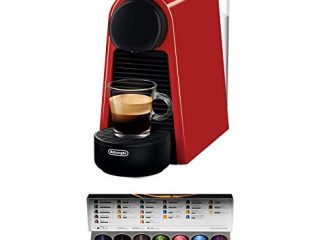 Nespresso De'Longhi Essenza Mini EN85.R - Cafetera monodosis de cápsulas Nespresso, compacta, 19 bares, apagado automático, color rojo, 1, Incluye pack de bienvenida con 14 cápsulas