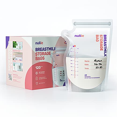 Nuliie 120 Uds Bolsas Almacenamiento de Leche Pre-esterilizadas, Bolsa Para Leche Materna con Boquilla Dispensadora, Libre de BPA, Bolsa Auto-Portante, Ahorro de Espacio, 8 Onzas
