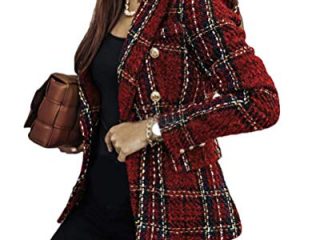 Onsoyours Chaqueta de Mujer Abrigos Otoño Moda A Cuadros Casual Manga Larga con Bolsillos Botonadura Slim Fit Oficina Negocios Otoño Invierno A Rojo S