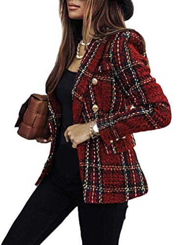 Onsoyours Chaqueta de Mujer Abrigos Otoño Moda A Cuadros Casual Manga Larga con Bolsillos Botonadura Slim Fit Oficina Negocios Otoño Invierno A Rojo S