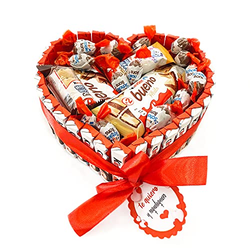 Onza. Cesta regalo de dulces Kinder Bueno. Tarta de chocolates originales que contiene Kinder bueno, Chocobons, Kinder happy hippo, Kinder chocolate
