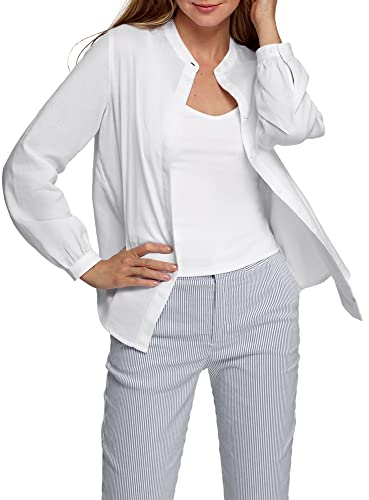 oodji Ultra Mujer Camisa de Algodón con Cuello Mao, Blanco, ES 44 / XL