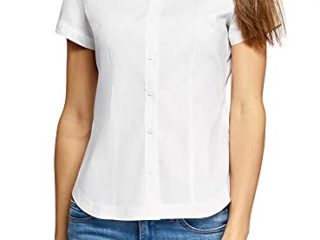 oodji Ultra Mujer Camisa de Algodón de Manga Corta, Blanco, ES 42 / L