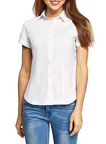 oodji Ultra Mujer Camisa de Algodón de Manga Corta, Blanco, ES 42 / L