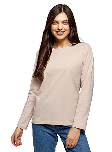 oodji Ultra Mujer Camiseta Holgada de Manga Larga, Beige, ES 40 / M