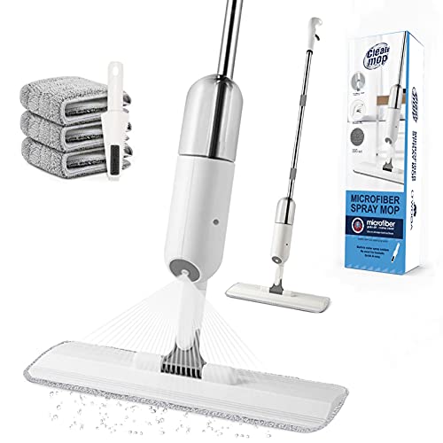 O'woda Spray Mop, Mopa con Pulverizador, Fregona con Vaporizador 450ml, Fregona Mopa Rotación de 360°, con 3 Almohadilla de Microfibra y 1 Rasqueta de Limpieza para Ventanas, Pisos, Azulejos