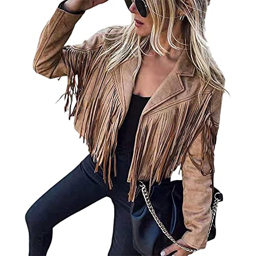 PDYLZWZY Chaqueta corta con flecos para mujer, de manga larga, con solapa, de ante, café, S