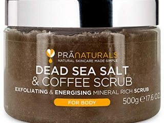 PraNaturals Exfoliante Corporal de Café y Sal del Mar Muerto, 500g – Fórmula Natural, Exfoliante, Hidratante, Hecho de Polvo de Café Arabica, Vegano y Cruelty Free