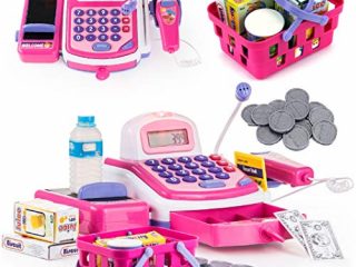 PREXTEX Caja Registradora Electrónica de Juguete Dinero de Mentira y Micrófono y Altavoz Incluidos para Juego de Simulación Niños