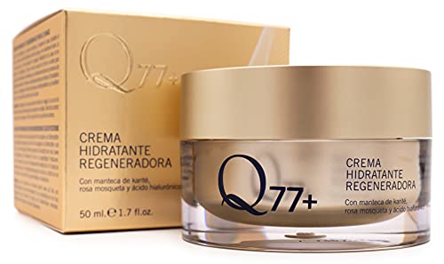 Q77+ CREMA HIDRATANTE REGENERADORA FACIAL-Efecto Antiage -Crema Reafirmante Antiarrugas -Tratamiento Facial Antienvejecimiento-Con Ácido Hialurónico. Manteca de Carité y Aceite Rosa de Mosqueta-50 ml