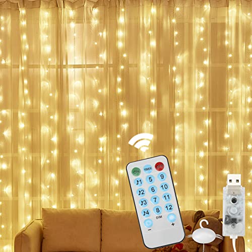 Realky Cortina luz Navidad 3mx3m 300 LEDs Cortina de Luces 12 Modos con 4 Modo Música, Cadena de Luces Decoración de Casa, Fiesta, Arbol de Navidad, Bodas, Jardín [Blanco Cálida]