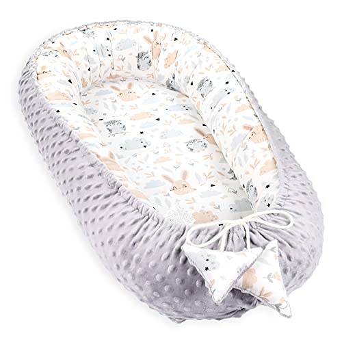 Reductor de Cuna 90x50 cm - nidos para Bebes colecho Bebe Cuna algodón y Material Minky cálido Minky Gris con Algodón Blanco Grisáceo