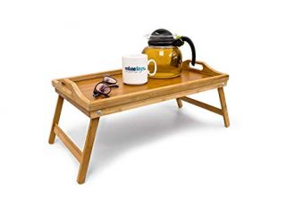 Relaxdays 10012858 Bandeja para Cama de bambú, mesita con Patas Plegables, Natural, 50x30x23 cm