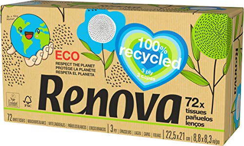 Renova Pañuelos Faciales Renova Recycled, Cajita de 72 pañuelos, Papel Reciclado, Certificado FSC y Ecolabel