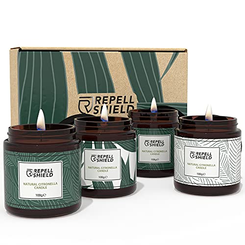 RepellShield Set 4 Velas Citronela Antimosquitos - Citronela Vela Mosquito Exterior, Fórmula Natural - Velas Antimosquitos Exterior e Interior - Set de 4 Velas de Citronela, Duración de Hasta 30 Horas