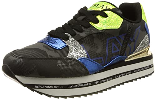 Replay New Penny-Leisure, Zapatillas Mujer, 3017 Negro, Azul y Amarillo, 38 EU