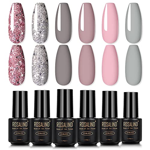 ROSALIND Esmaltes Semipermanentes de Uñas en Gel UV LED, 6pcs Kit de Esmaltes de Uñas de Brillo Glitter 7ml
