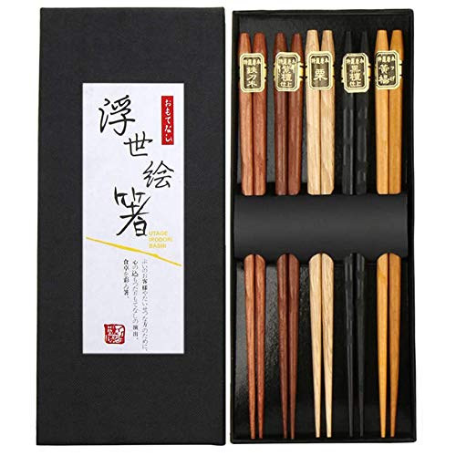 Rpanle Palillos Japoneses, 5 Pares De Palillos Naturales Lavables Reutilizables Palillos de Madera con Lujosa Caja Hecha A Mano Negra (Nature)
