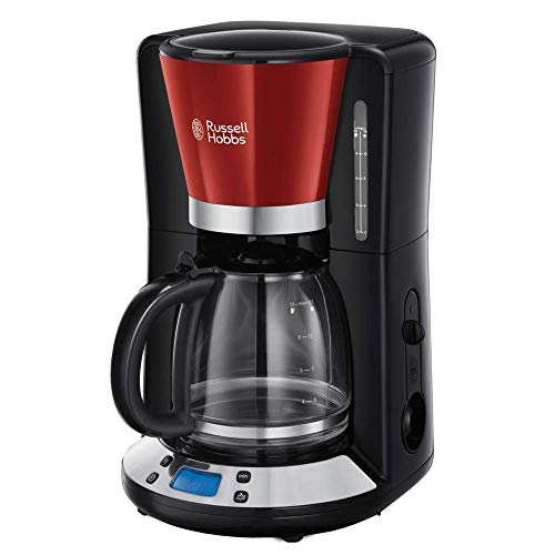 Russell Hobbs Cafetera de Goteo Colours Plus - 15 Tazas, Jarra de Cristal de 1,5 L, Soporte de Filtro Extraíble, Cuchara Medidora, Pantalla LCD, Programable, Negro y Rojo - 24031-56