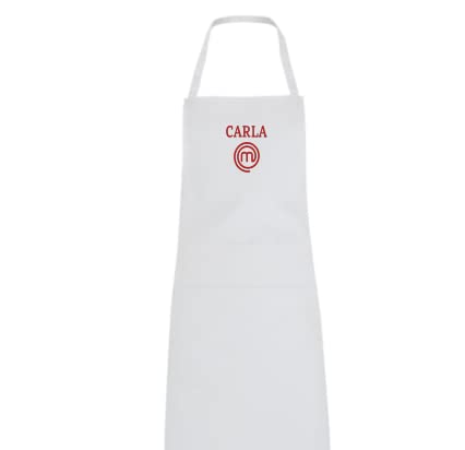 SAQUITOMAGICO Delantal Oficial Masterchef Personalizado con tu Nombre Bordado.Producto con Licencia Oficial (blanco personalizado)