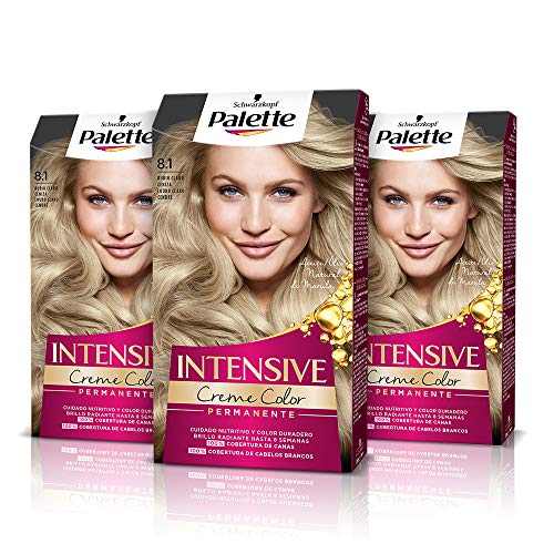 Schwarzkopf Palette Intensive - Tinte 8.1 cabello Rubio Claro Ceniza – Perfecta cobertura de canas – Coloración Permanente de Cuidado con Aceite de Marula - Color duradero hasta 8 semanas (Pack de 3)