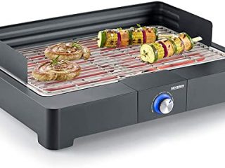 SEVERIN Barbacoa de mesa con parrilla de acero inoxidable para interior y exterior, parrilla eléctrica con arranque rápido, mini barbacoa sin riesgo de quemaduras, negro, PG 8560