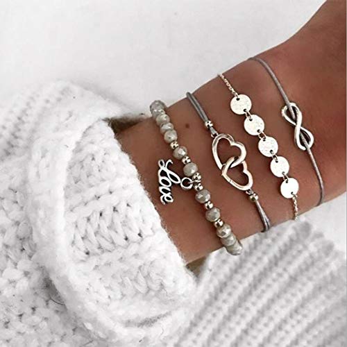 Simsly Conjunto de pulseras de plata con forma de corazón, accesorios de mano, pulsera ajustable para mujeres y niñas