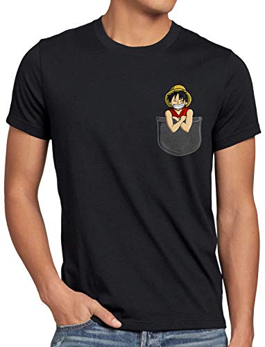 style3 Ruffy Bolsillo Camiseta para Hombre T-Shirt Piece Anime Japan One Pirat, Talla:M, Color:Negro