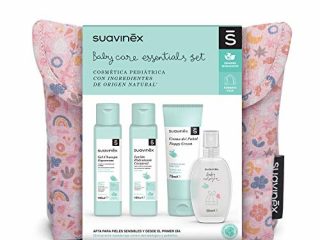 SUAVINEX Neceser Tela de Viaje para Bebés con Baby Cologne, Loción Hidratante, Crema Pañal y Gel-Champú Espumoso, Formato Viaje, Rosa, 4 Productos