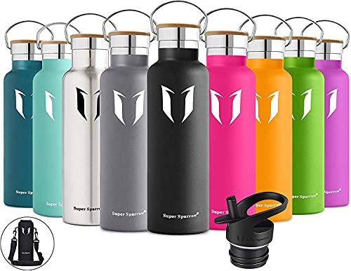 Super Sparrow Botella Agua Acero Inoxidable - Botella Agua Niños - 1L - Botella Termica Boca Estándar - Sin BPA, para Niños & Adultos, Deporte, Oficina, Yoga, Ciclismo (Negro)