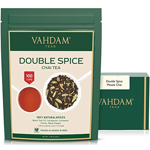 Té Chai Masala de dos especias (100 tazas), FUERTE Y PICANTE, Ingredientes 100% N, Té Negro, Cardamomo, Canela, Clavo, Pimienta Negra, Chai Latte, Mezclado y Envasado en Source en India, 200gr