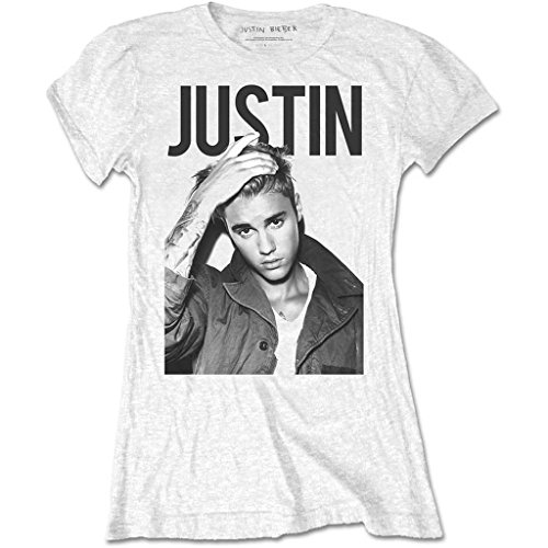 Tee Shack Ladies Justin Bieber Grey Portrait Oficial Camiseta Mujeres señoras (Large)