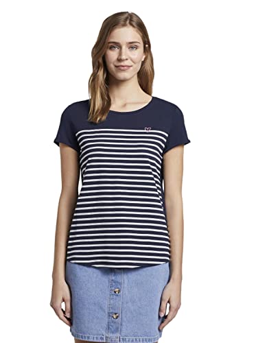 TOM TAILOR Denim Streifen Camiseta , Blanco ( 22701/Azul Marino Con Franja Blanca ) , M para Mujer